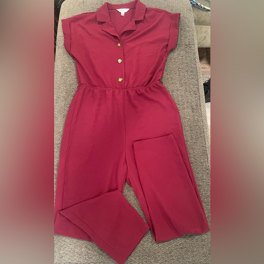 No Boundaries Raspberry Short-Sleeve Button Front Jumpsuit - Picture 2 of 4